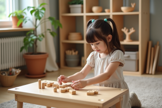 Jeune fille de 6 ans arrangeant des rouleaux de nombres Montessori