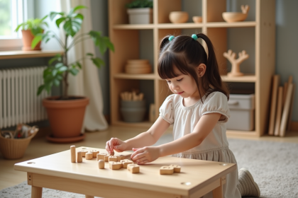 Jeune fille de 6 ans arrangeant des rouleaux de nombres Montessori