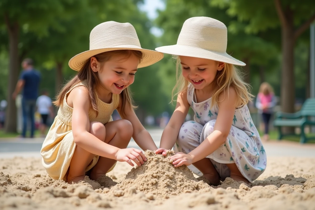 Deux filles de 4 ans construisant un château de sable