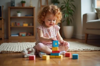 Fillette de 4 ans jouant avec des blocs en bois colorés et une marionnette en feutrine sur un parquet chaleureux
