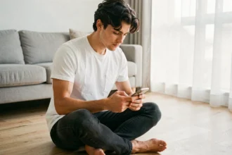 Jeune homme consultant son smartphone dans un appartement moderne, illustrant la présence d'un fils de célébrité sur les réseaux sociaux