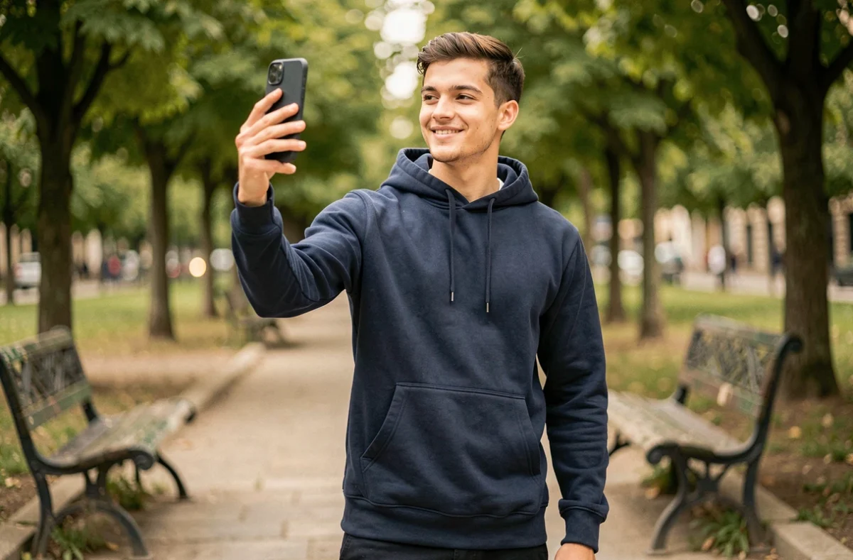 Jeune homme souriant dans un parc urbain avec son téléphone, évoquant le partage de photos et confidences sur les réseaux sociaux