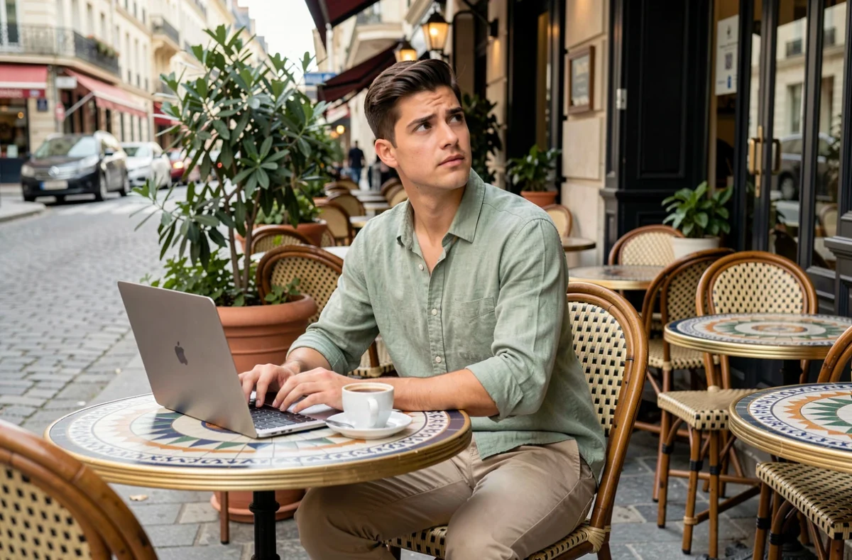 Jeune homme à la terrasse d'un café parisien avec un ordinateur portable, symbolisant la vie connectée et les confidences partagées en ligne