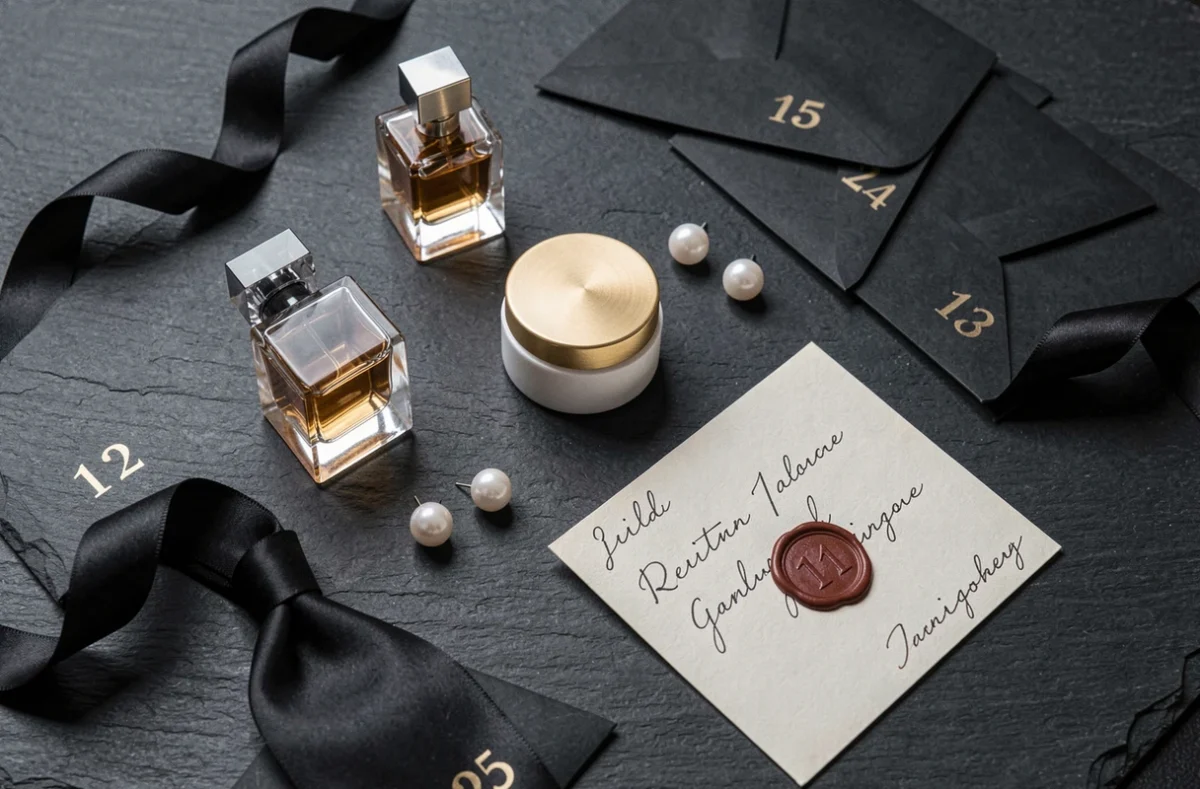 Flat lay de cadeaux luxueux issus d'un calendrier de l'Avent haut de gamme sur ardoise sombre avec parfums miniatures et bijoux
