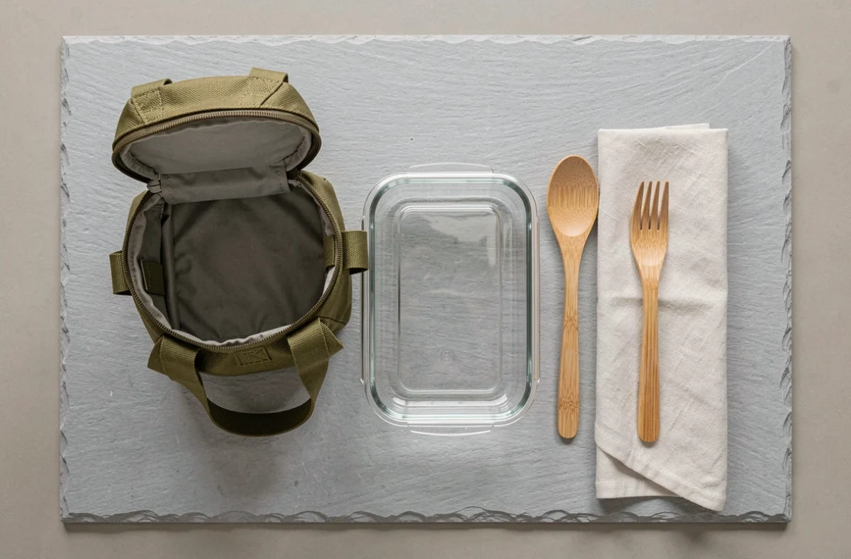 Vue de dessus d'un sac à goûter isotherme ouvert associé à une lunchbox en verre et accessoires zéro déchet sur ardoise