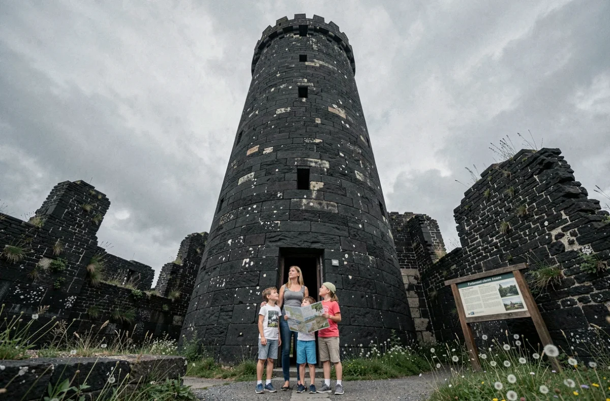 Famille au pied du donjon imposant de la Forteresse de Montbazon