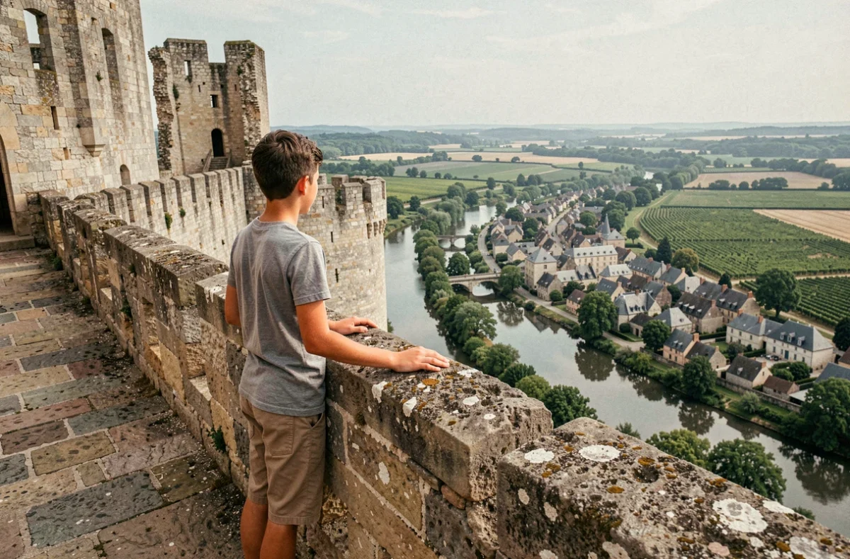 Adolescent sur les remparts de la Forteresse royale de Chinon avec vue sur la vallée