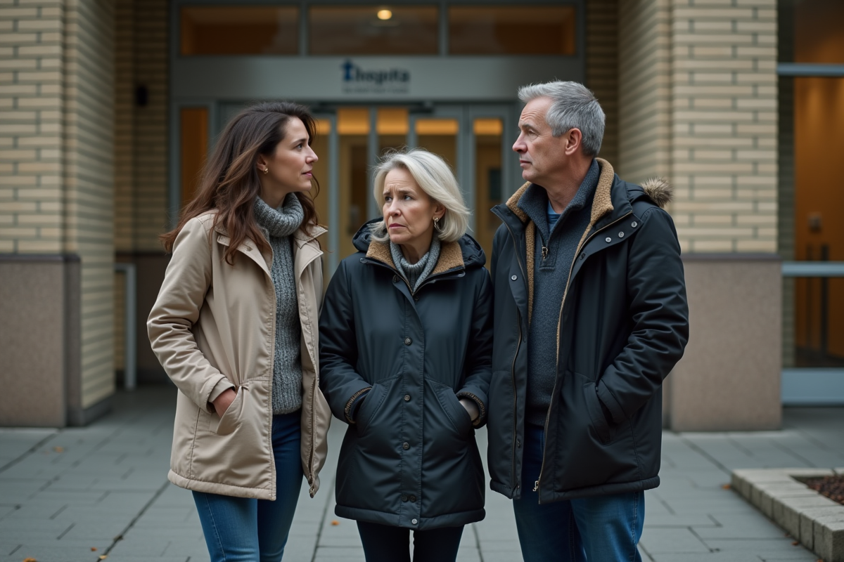 Freres et soeurs discutant devant un hôpital en automne