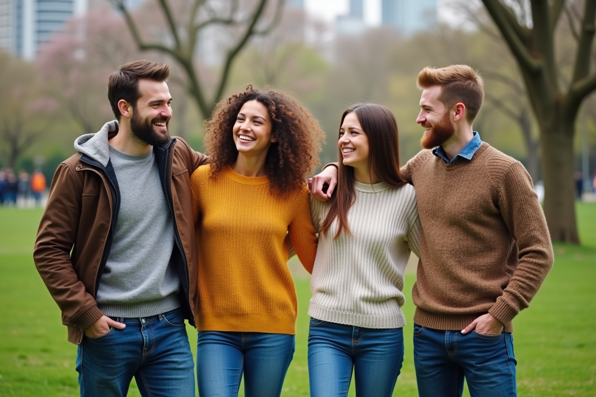 Quatre amis dans un parc urbain en pleine nature