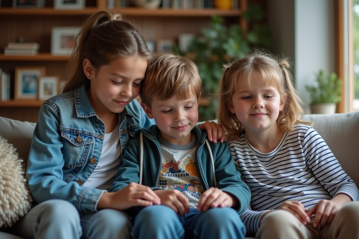 Trois frères et sœurs dans un salon familial chaleureux