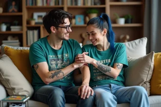 Frère et sœur avec tatouages geek sur canapé cosy