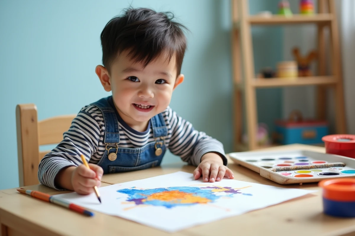 Garçon de 4 ans en salopette en jean faisant de la peinture aquarelle à une table de jeu en bois dans sa chambre