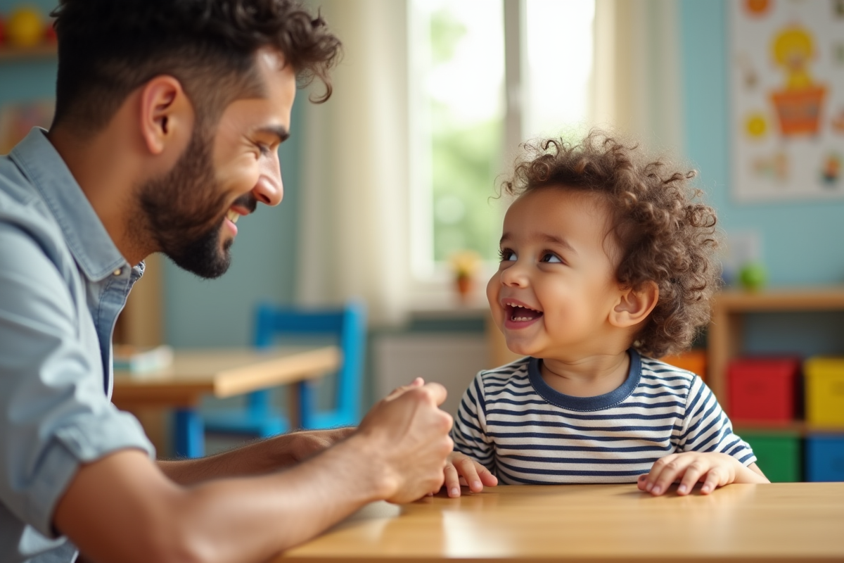 Garçon de 15 mois apprend un mot avec son père dans une salle de jeux lumineuse