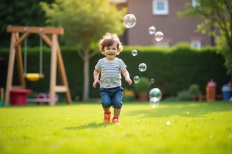 Garçon de 4 ans poursuivant des bulles dans le jardin