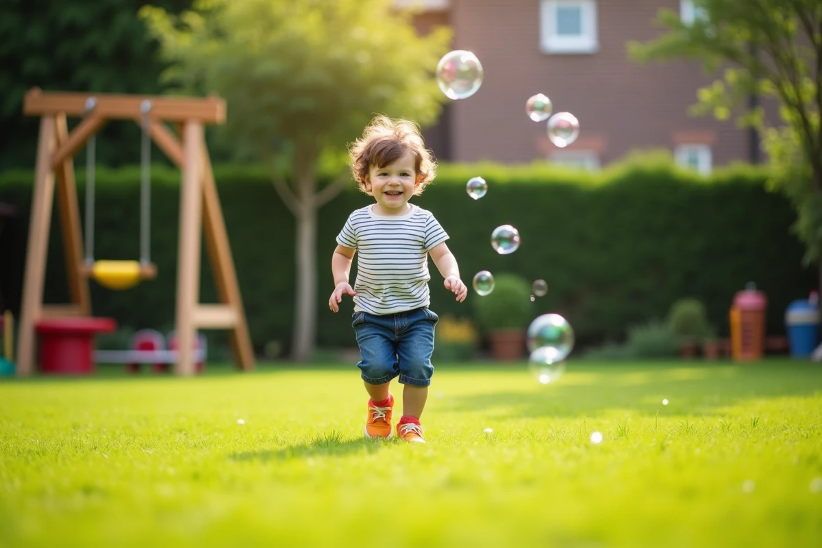 Garçon de 4 ans poursuivant des bulles dans le jardin