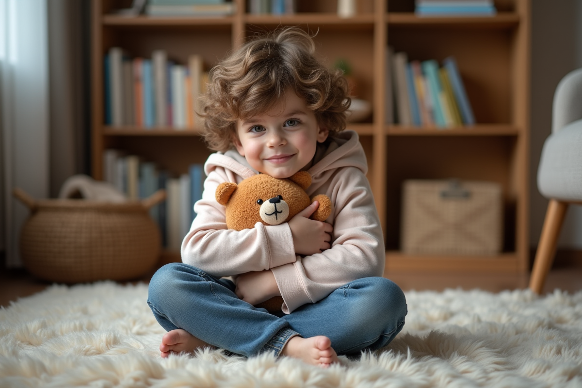 Garçon de 7 ans avec doudou dans un salon chaleureux