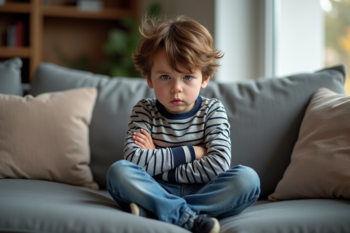 Garçon de 6 ans assis sur un canapé gris dans un salon chaleureux