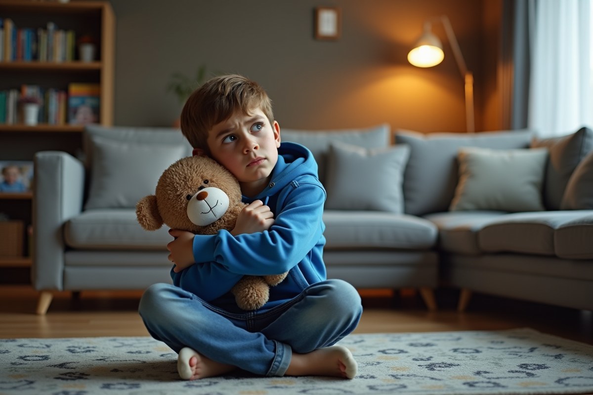 Garçon inquiet en hoodie bleu dans un salon chaleureux