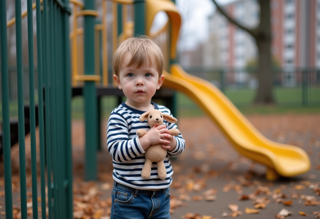 Garçon en jeans avec lapin en tissu dans un parc urbain