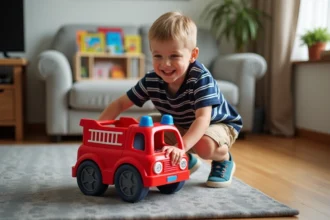 Garçon de six ans jouant avec une camionnette de pompier en bois