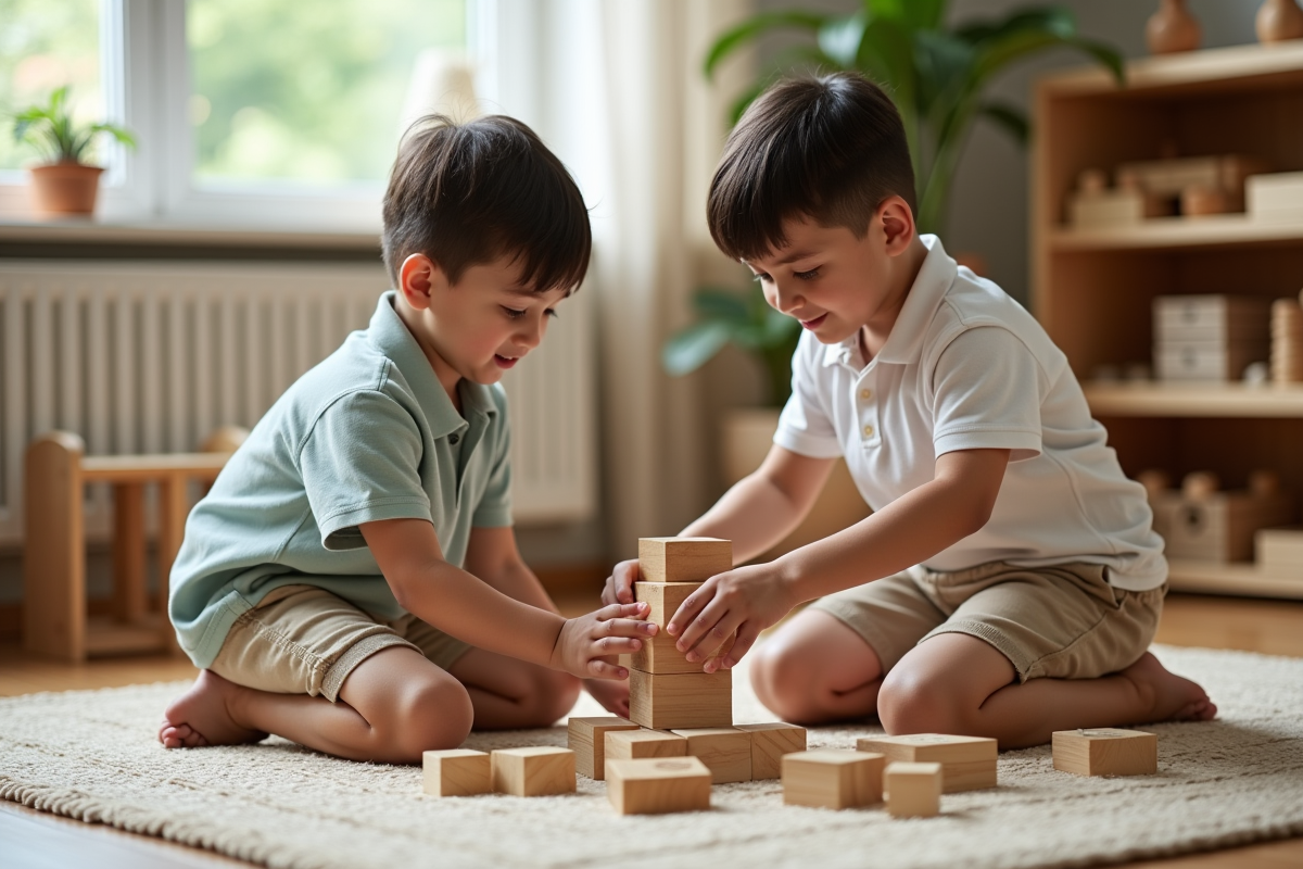 Deux garçons construisant une structure en blocs en classe