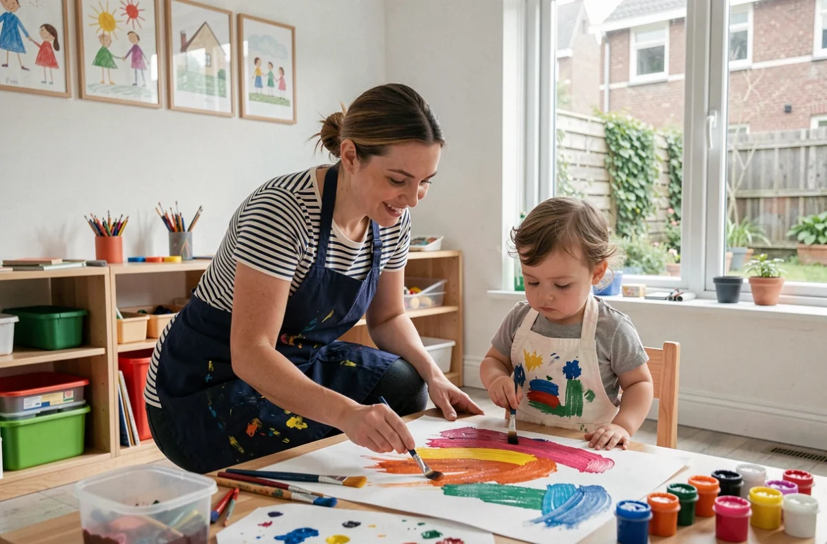 Éducatrice de la micro-crèche Graines d'Artistes accompagnant un enfant en activité peinture dans une salle lumineuse à Lille