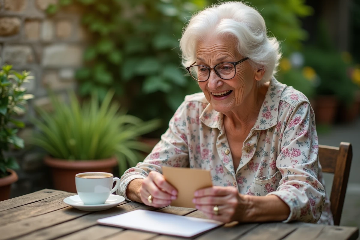 Grand-mère lisant une carte d'annonce de grossesse dans un jardin avec une expression émue et souriante