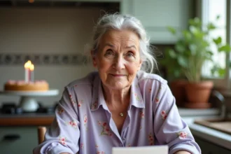 Grand-mère émue tenant une carte d'anniversaire manuscrite dans sa cuisine vintage décorée pour une fête