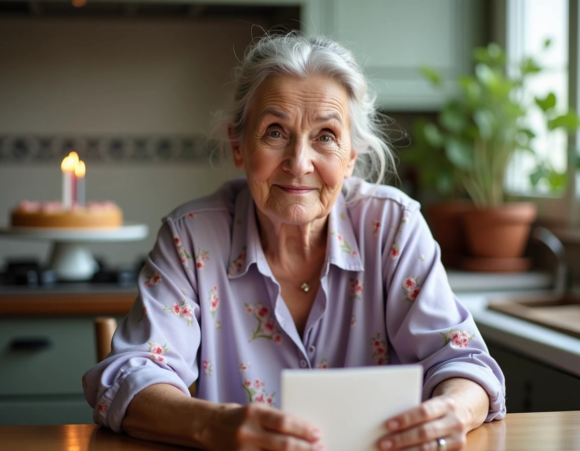 Grand-mère émue tenant une carte d'anniversaire manuscrite dans sa cuisine vintage décorée pour une fête