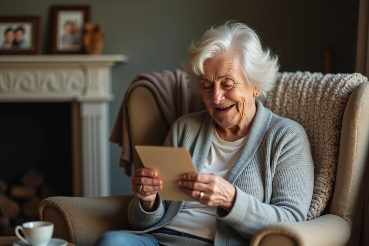 Grand-mère lisant avec émotion une carte manuscrite annonçant la grossesse de sa fille, assise dans un fauteuil confortable dans un salon familial
