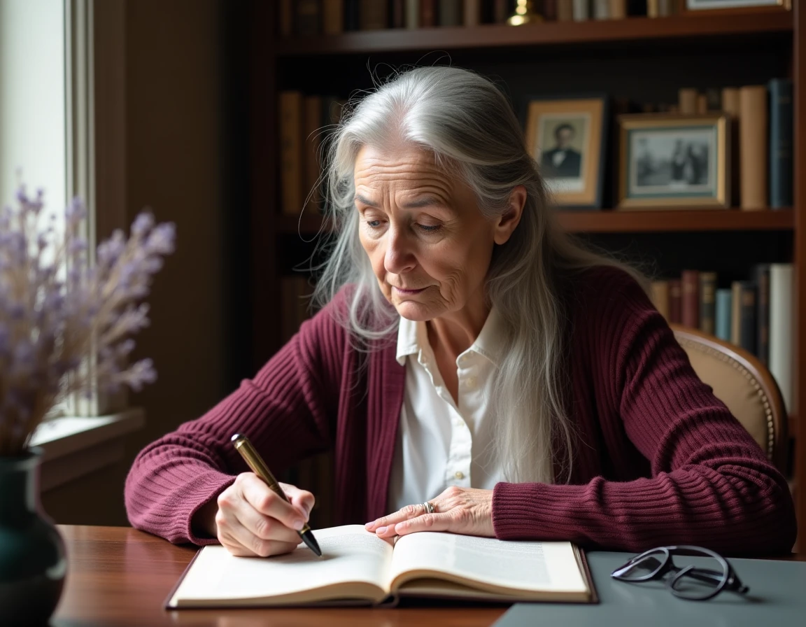 Grand-mère écrivant un poème d'anniversaire dans son bureau entouré de livres et de souvenirs
