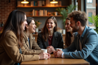 Groupe d'amis jeunes adultes dans un café chaleureux