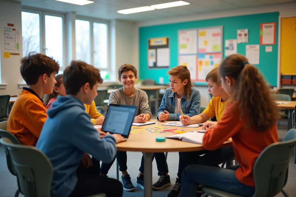 Groupe d élèves collaborant dans une salle moderne