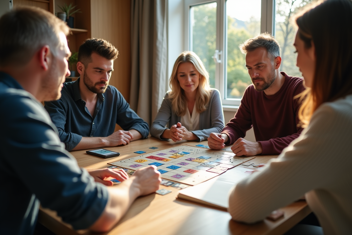 Groupe d'adultes jouant à un jeu de société moderne dans un salon lumineux