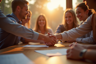 Groupe de personnes diverses unies en cercle partageant un moment de convivialite