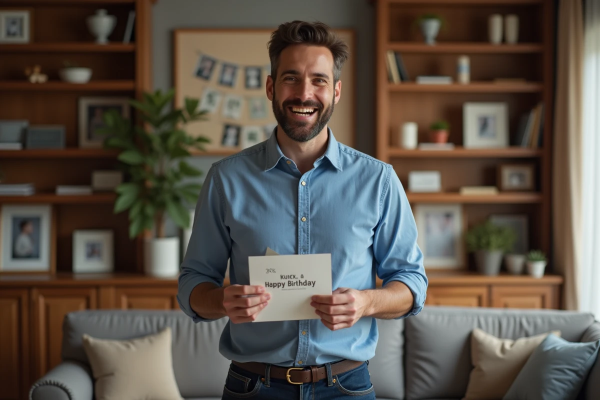 Homme souriant de 40 ans avec carte d'anniversaire dans un salon
