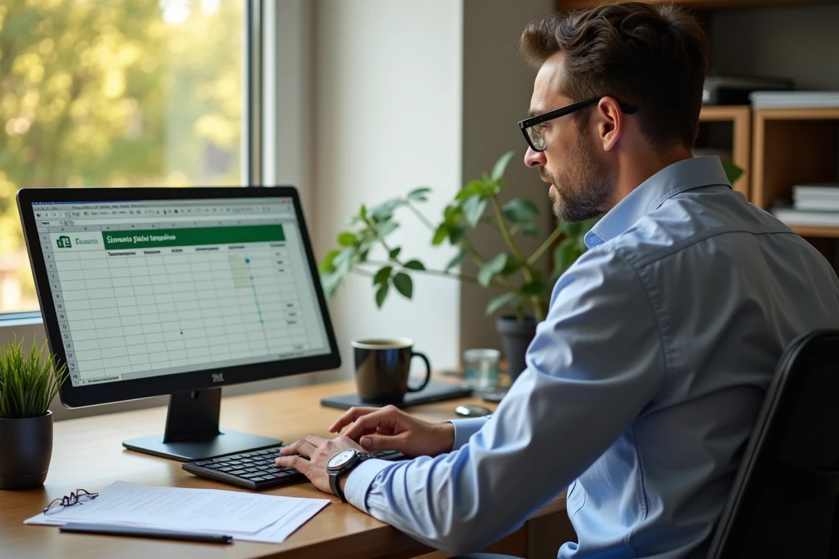 Homme au bureau regardant un calendrier et un ordinateur
