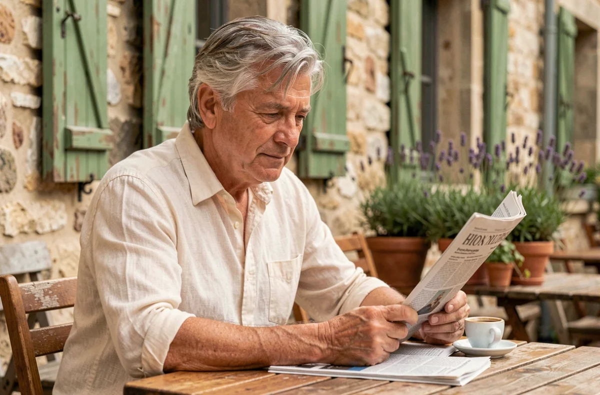 Homme aux cheveux argentés lisant un journal en terrasse de café de campagne avec une tasse d'espresso, symbolisant la retraite discrète et la vie privée préservée