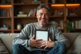 Homme souriant tenant un cadre photo contre sa poitrine en signe de discrétion et de protection de sa vie privée