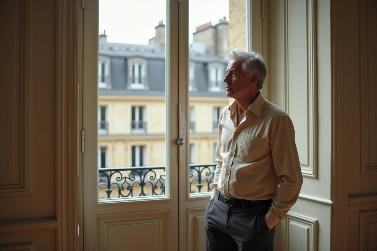 Homme discret au profil mystérieux contemplant Paris depuis un appartement haussmannien, évoquant la révélation tardive d'André Louis Auzière