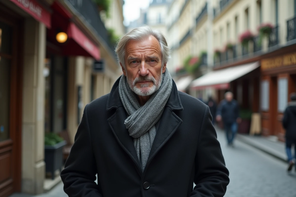 Homme anonyme marchant sur les pavés parisiens, symbole de discrétion et de révélation médiatique tardive liée à André Louis Auzière