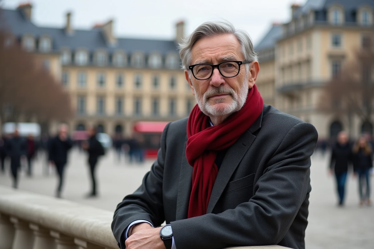 Homme en costume dans une place parisienne animée