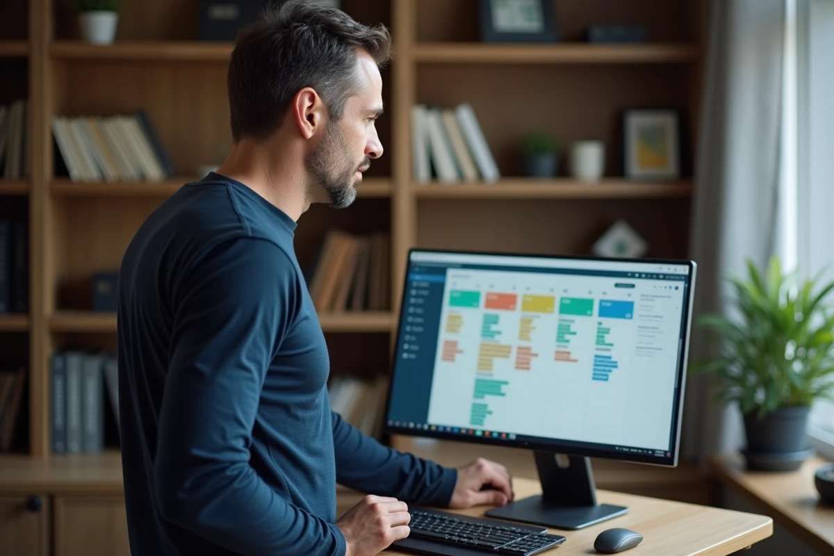 Homme consultant un planning numérique avec semaines paires et impaires sur un ordinateur portable dans un bureau à domicile