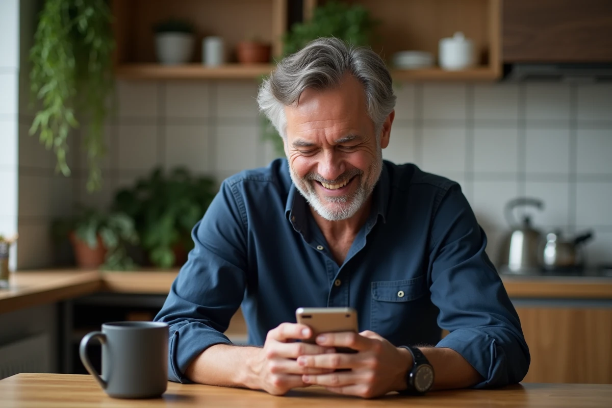 Homme souriant devant son téléphone dans une cuisine, évoquant une complicité amoureuse sans montrer son partenaire