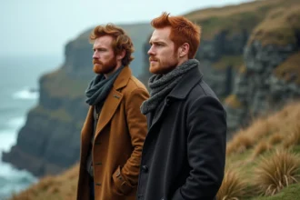Deux hommes regardant l'horizon sur une falaise maritime