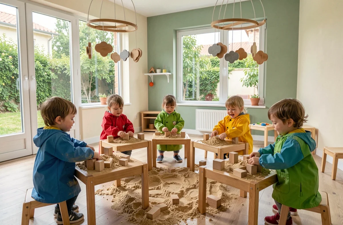 Enfants en activité sensorielle avec sable cinétique et blocs en bois dans une salle d'éveil du réseau L'Îl Ô Marmots dans le Valenciennois