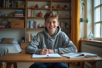 Adolescent concentré sur ses devoirs dans sa chambre moderne