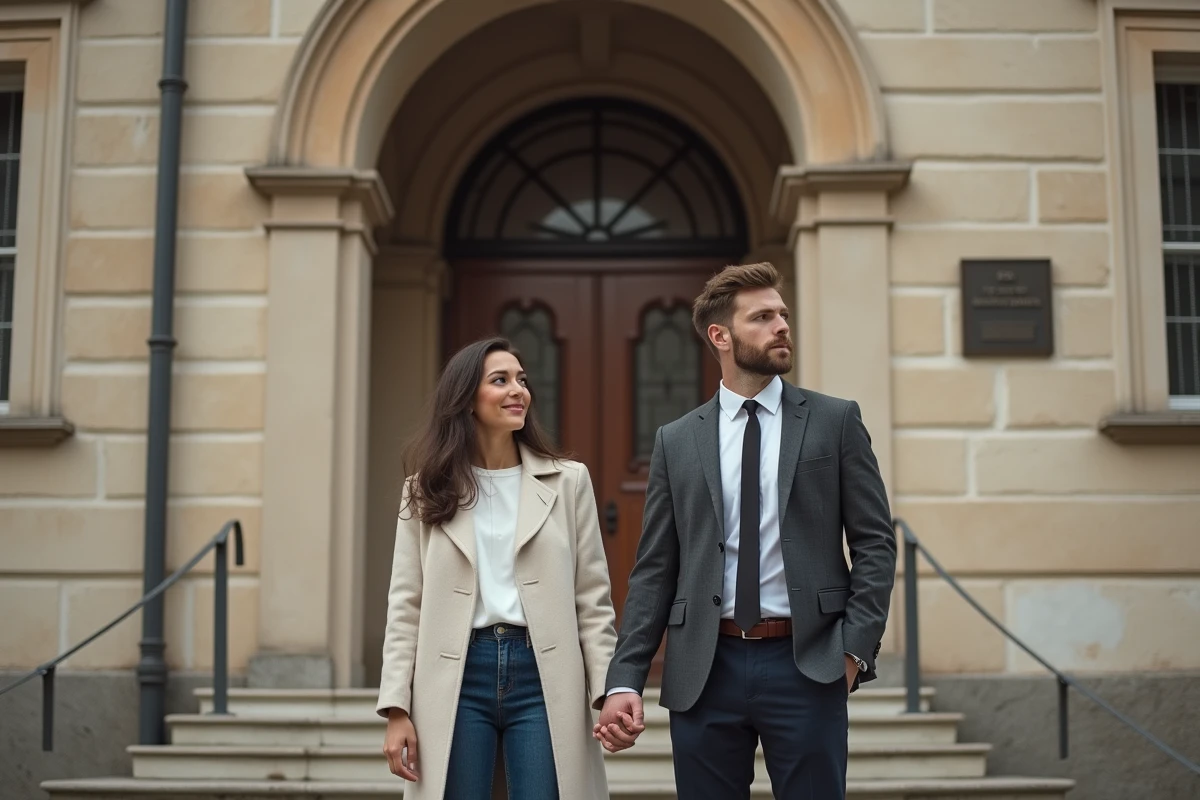 Jeune couple engagé devant la mairie historique en France