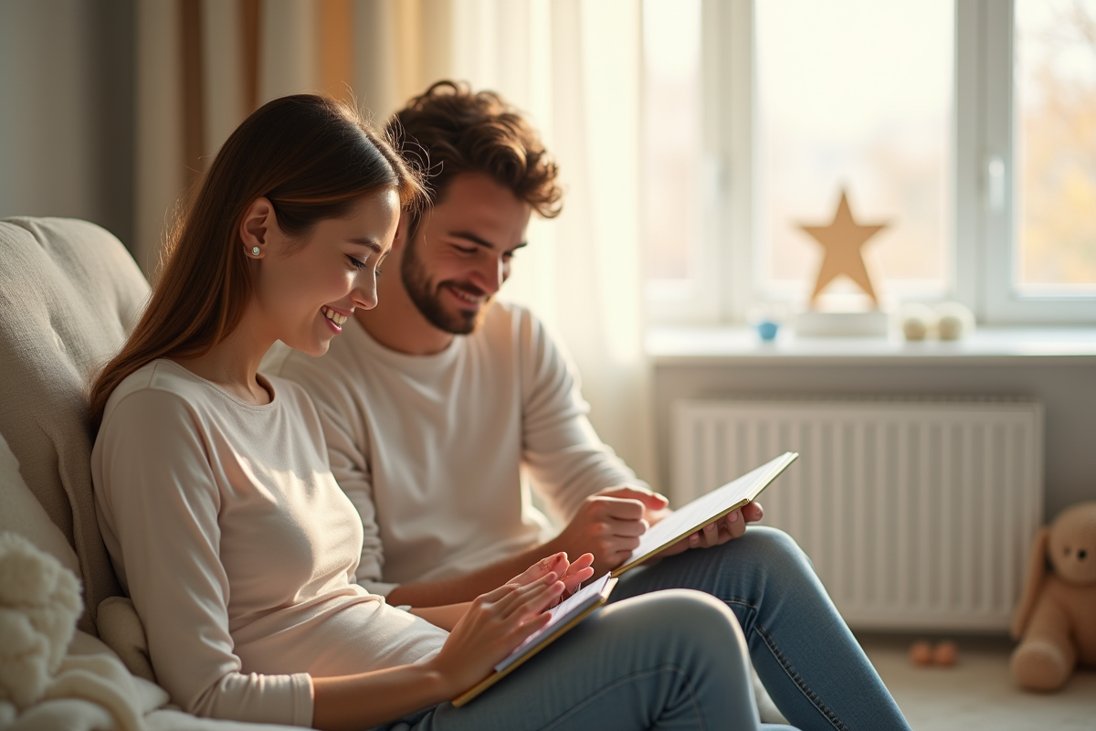 Jeune couple souriant discutant dans une nurserie lumineuse