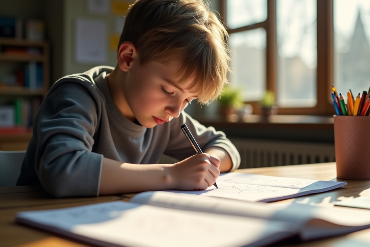 Jeune étudiant étudiant des mathématiques à un bureau en lumière naturelle